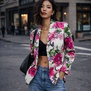 Nicole Miller Collection Pink Peony Cotton Floral Structured Blazer Jacket Sz‎ 4